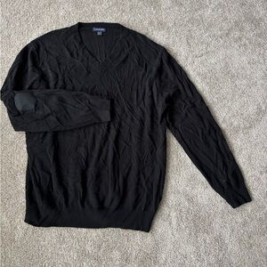 Lands' End Men's Black V-Neck Sweater with Elbow Patches